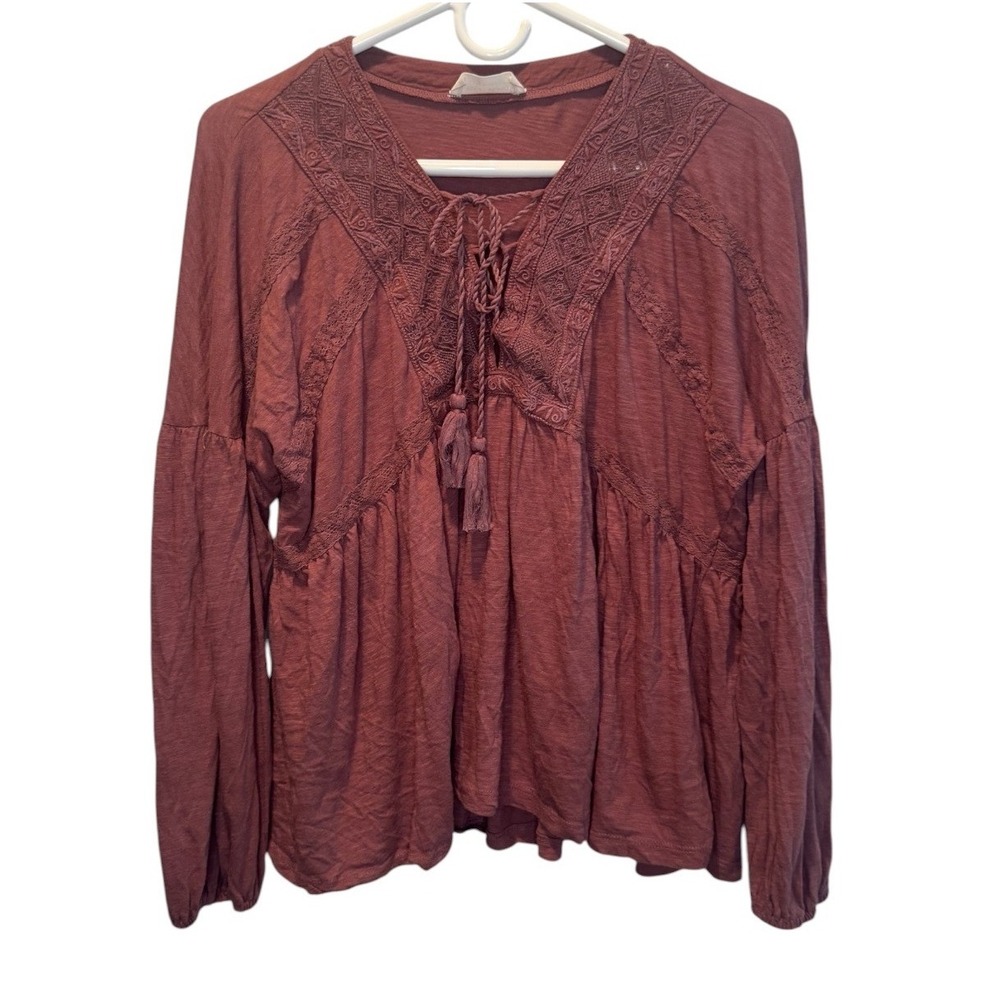 Lucky Brand Womens Mauve Peplum Knit Embroidered Tassel Tie Top S Peasant Boho